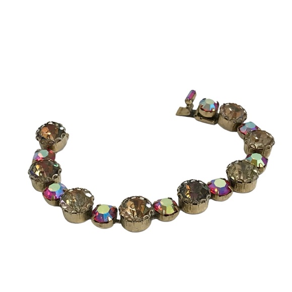 Regency Vintage Crystal Rhinestone Tennis Bracelet Carnival Glass Black Tones - Picture 6 of 8